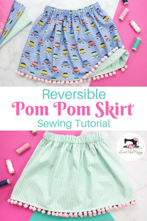 Reversible Pom-Pom Trim Skirt - Sweet Red Poppy Cotton Fabric Projects, Skirt Sewing Tutorial, Pom Pom Skirts, Diy Sy, Shirt Tutorial, Trim Skirt, Skirt Sewing, Skirt Tutorial, Beginner Sewing Projects Easy