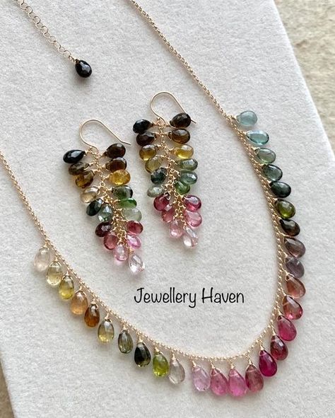 Jewellery Haven on Instagram: "Specially commissioned work - 14k Solid gold multi colour tourmaline earrings and necklace set. Delightful ombré hues. ❤️ Thank you so much J! 🙏 #thankyouforyoursupport www.jewelleryhaven.com. #tourmaline #tourmalinejewelry #tourmalineearrings #14kgold #tourmalinenecklace #handmadewithlove #sgmakers #sgjewellery #supportlocalsgbusinesses #sgsmallbusiness #jewelleryhaven #jewellerysg" Earrings And Necklace Set, Multi Coloured Necklaces, Beadwork Necklace, Tourmaline Earrings, Tourmaline Jewelry, Earrings And Necklace, Tourmaline Necklace, Thank You So Much, Necklace Set