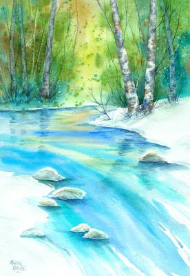 Martha Kisling Art With Heart Stream Drawing, Watercolor Pictures, Mountain Stream, Watercolor Mountains, Backgrounds Wallpapers, Watercolor Inspiration, Illustration Drawing, Watercolor Landscape, In The Woods