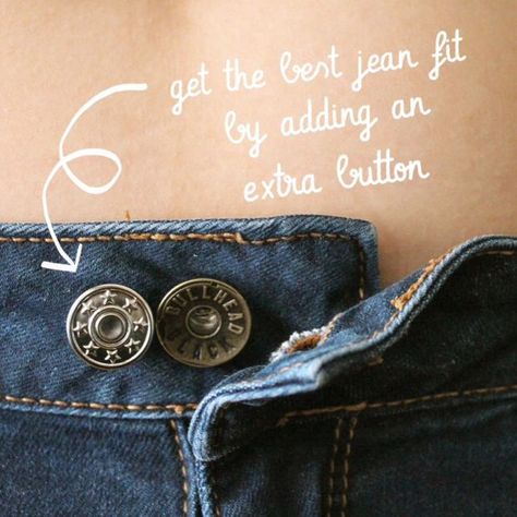 Avoid the dreaded "gap at the waist" issue by adding an extra button to your pants. Shrink Jeans, Big Jeans, Smaller Waist, Workout Days, Commute To Work, Upcycled Crafts, Jeans Button, Best Jeans, Cute Fits