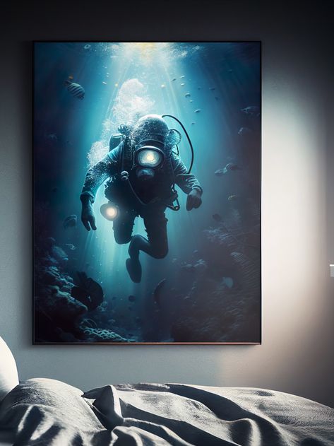 Deep diving is not just about exploring the depths of the ocean, it's about exploring the depths of your own being, facing your fears, and discovering the unknown within yourself. #deepdiving #oceanart #EtsyShop #printableart #artprints #oceanphotography #marineart #deepsea #oceaninspired #oceanwallart #interiordesign #beachhousedecor Deep Sea Diver Art, Octopus Tattoo Design, Deep Sea Diver, Cave Diving, Deep Diving, Octopus Tattoo, Cool Wall Art, Character Poses, Trendy Wall Art