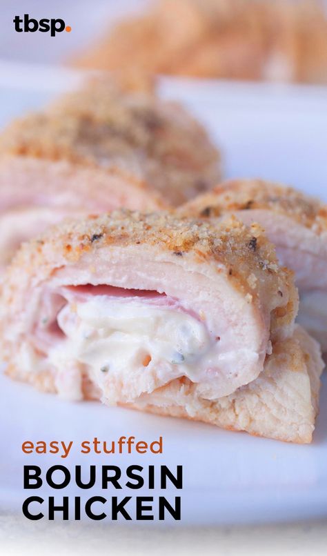 A new take on a classic chicken cordon blue stuffed with ham and boursin cheese! For a dinner ready in an hour, check out this perfect weeknight recipe! Boursin Stuffed Chicken Breast, Chicken And Boursin Cheese Recipe, Chicken Boursin Recipe, Recipes With Boursin Cheese, Boursin Cheese Chicken, Boursin Stuffed Chicken, Boursin Chicken, Boursin Cheese Recipes, Boursin Recipes