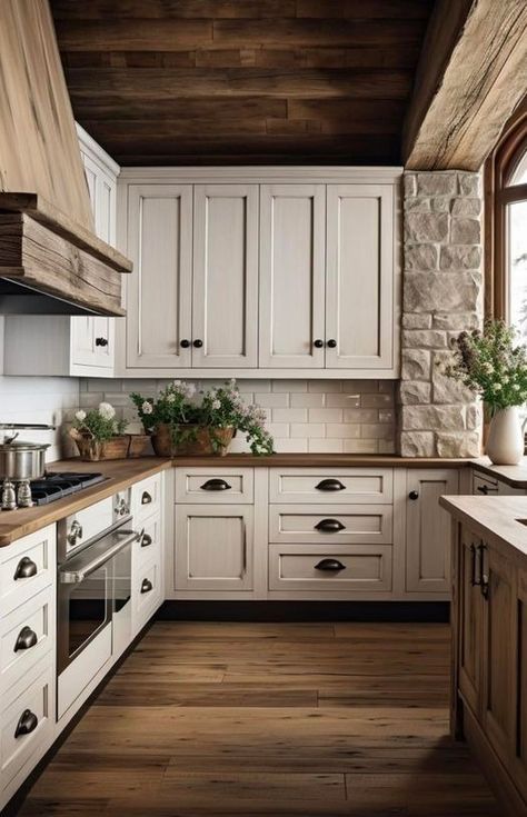 Oak Floor Kitchen, Tan Kitchen, Lakehouse Kitchen, Cottage House Interior, Kitchen Hood Design, Farmhouse Kitchen Inspiration, Farmhouse Kitchen Lighting, Kitchen Improvements, Barn Style House Plans