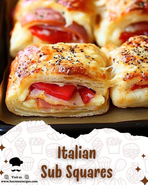 Yummy Food | Italian Sub Squares | Facebook Italian Sub Squares The Country Cook, Italian Sub Squares With Crescent Rolls, Italian Sub Bites, Italian Sub Squares, Sub Roll Recipe, Pimento Cheese Spread, Sub Rolls, Italian Sub, Food Italian