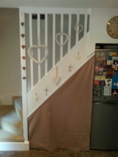 Understairs curtain. Under The Stairs Curtain Ideas, Curtains Stairs Window, Stair Window Curtain Ideas, Curtail Step Staircases, Staircase Window Curtains, Loft House Interior, Small Loft House, Under Stair, Van House