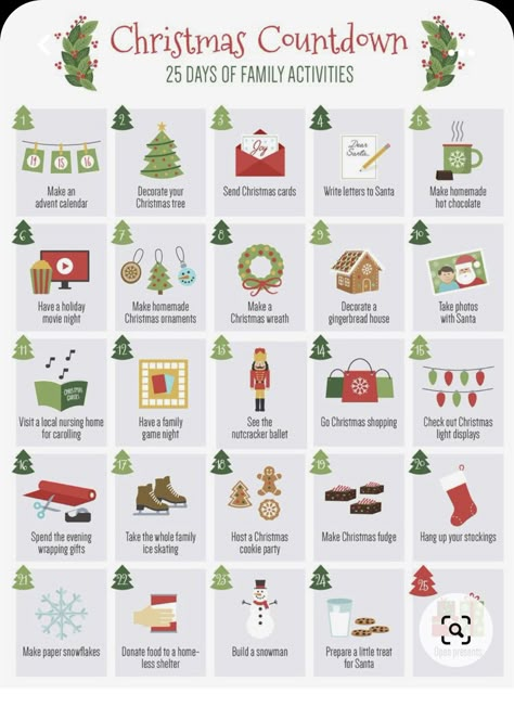 25 Days Christmas Ideas, Fun Activities To Do With Kids Christmas, Christmas Daily Ideas, Christmas Cabin Activities, 25 Days Till Christmas Countdown, Christmas Ideas For Kids Traditions, Fun December Activities For Kids, Cute Christmas Traditions For Kids, December Traditions For Kids