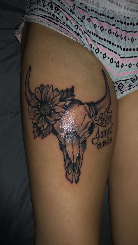 Cow Skull With Sunflowers Tattoo, Cow Skull Sunflower Tattoo, Bull Skulls Tattoo, Bull Skull With Sunflowers Tattoo, Cow Skull And Sunflower Tattoo, Bull Skull Tattoo Thigh, Cow Skull Tattoos For Women, Cow And Sunflower Tattoo, Western Tattoos Thigh