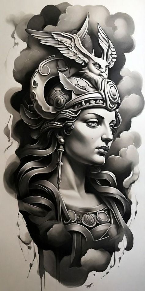 Greek God Tattoo Design, God Tattoo Design, Athena Design, Greek Goddess Tattoo, Greek Goddess Statue, Athena Tattoo, Venus Tattoo, Greek God Tattoo, Roman Tattoo