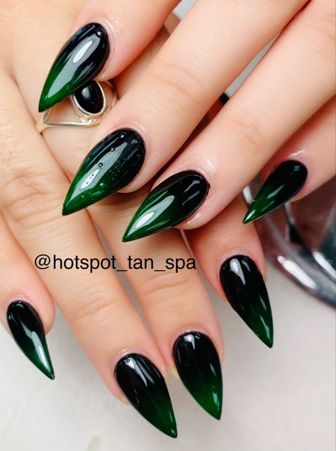 Witchy Nails Blue, Witch Coffin Acrylic Nails, Black Nails Green Accent, Short Green Stilleto Nails, Black And Green Ombré Nails, Gothic Almond Nails Designs, Emerald Green And Black Ombre Nails, Ombre Emerald Green Nails, Black Emerald Nails