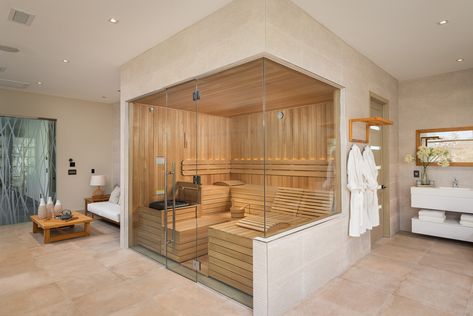 Beautiful Finnleo custom-cut sauna in a home wellness room. #health #wellness #wellbeing #sauna #homesauna #modernsauna #customsauna #saunadesign #bathinspo #homeinspo Building A Sauna, Home Spa Room, Wellness Room, Indoor Sauna, Traditional Saunas, Sauna Design, Outdoor Sauna, Sauna Room, Spa Room