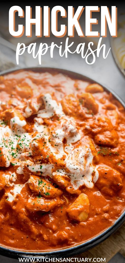 This is my quick and easy version of chicken paprikash, using chicken breast instead of bone-in pieces. The Hungarian paprika and soured cream in this dish make it taste so rich and luxurious! Healthy Chicken Paprikash, Kitchen Sanctuary Recipes, Chicken Breast Pieces Recipes, Chicken Popperkosh, Chicken Breast Bone In Recipes, Quick And Easy Chicken Breast Recipes, Summer Chicken Breast Recipes, Bone In Chicken Breast Recipes, Paprika Chicken Breast