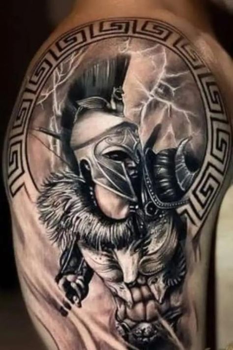 30 Ares Tattoo Designs: A Symbol of Strength | Art and Design Spartan Tattoos, Ares Tattoo, Strength Art, Arm Cover Up Tattoos, Armor Of God Tattoo, Warrior Tattoo Sleeve, Gladiator Tattoo, Mayan Tattoos, God Tattoo