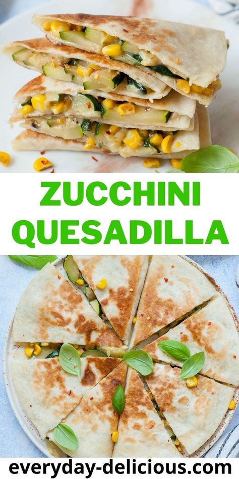 These cheesy zucchini quesadillas are a fun and delicious dinner idea. They will be ready in 30-minutes and are packed with veggies. The filling is made with sauteed zucchini and corn that are seasoned with garlic, basil, and chili flakes, then tossed with cheddar (or Gruyere) cheese. So simple, easy, and flavorful! Zucchini Quesadilla Recipes, Squash Quesadilla, Healthy Breakfast Quesadilla, Zucchini Quesadilla, Veggie Quesadilla, Zucchini Breakfast, Veggie Diet, Latino Food, Poblano Pepper