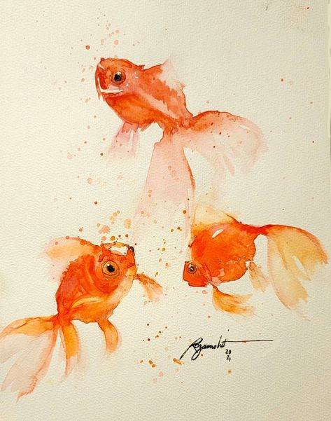 Watercolour Goldfish, Watercolor Fish Painting, Watercolour Fish, Goldfish Watercolor, Koi Watercolor, Sea Life Art, Animal Portraits Art, Watercolor Fish, Watercolor Paintings For Beginners