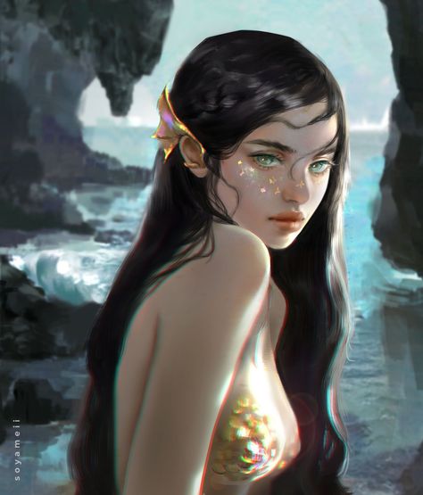 Dark Haired Mermaid, Siren Digital Art, Siren Hair Color, Siren Character Art, Fairy With Black Hair, Siren Face Claim, Mermaid Face Claim, Dnd Siren, Mermaid Black Hair