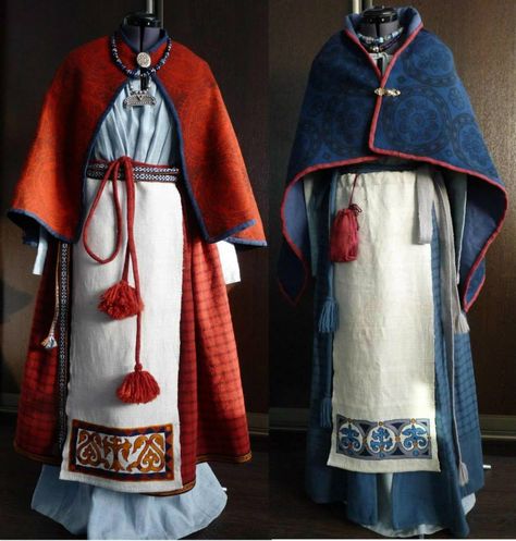 Nordic Traditional Clothing, Slavic Traditional Clothes, Traditional Finnish Clothing, Cloak Styles, Elven Robes, Viking Dress Pattern, Peplos Dress, Slavic Outfit, Religious Robes