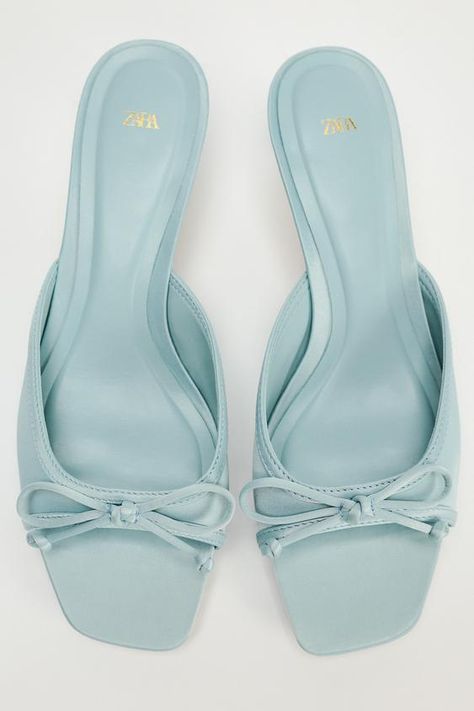 HEELED MULES WITH BOW - Blue | ZARA United States Baby Blue Heels, Blue Heeled, Slide Shoes, Aesthetic Clothing Stores, Cute Shoes Heels, Cute Heels, Blue Heels, Blue Outfit, Slides Shoes