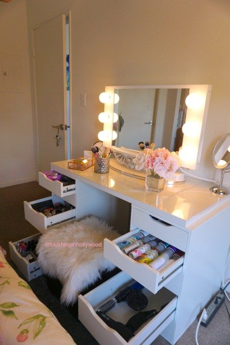 My IKEA ALEX vanity with the drawers open. Read my blog post about what size table top I got, my Vanity Girl Hollywood Starlet lighted mirror, my vanity organization, vanity accessories, and more! #diy #makeup #makeuporganization #homeorganization #diyvanity #vanity #vanityorganization Ikea Hacks Makeup Vanity, Ikea Alex Vanity, Alex Vanity, Ikea Hack Vanity, Ikea Fado, Vanity Organization Diy, Diy Makeup Vanity Table, Diy Makeup Mirror, Diy Vanity Table