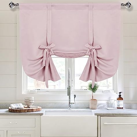 Curtains For Kitchen, Tie Up Curtains, Tie Up Shades, Roman Curtains, Pocket Curtains, Pink Curtains, Stitch Work, Drape Panel, Curtain Ties