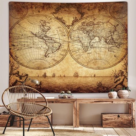 Amazon.com - Old World Map Tapestry for Bedroom, Vintage Nautical Maps of the World Art Tapestries Wall Hanging for College Dorm Living Room Office Decor 60X40", Brown Pirate Treasure Map Poster Blanket Tapestry Artwork, College Dorm Living Room, Vivid Art, World Map Tapestry, Map Tapestry, Maps Of The World, Tapestry For Bedroom, Pirate Treasure Maps, Dorm Living Room