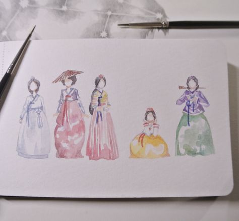 evydraws: Hanbok Illustration, Korean Traditional Wedding and new Stickers! Art Korean Drawings, Korea Watercolor, Korean Watercolor, Korean Traditional Wedding, Hanbok Illustration, Panda Crafts, Hanbok Drawing, Illustration Korean, Fashion Workshop