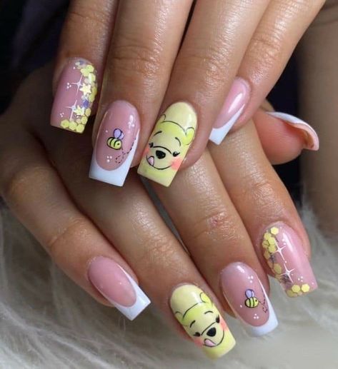 Pooh Bear Nails, Disney Inspired Nails, Disney Acrylic Nails, Bears Nails, Gel Nail Art Designs, Nail Art For Beginners, Fancy Nails Designs, Girly Acrylic Nails, Cute Acrylic Nail Designs