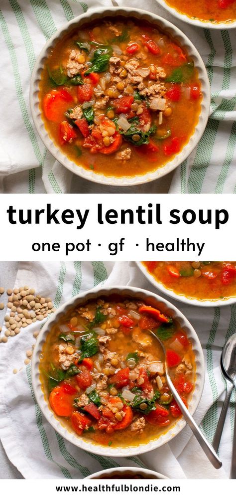 Cozy up with a bowl of this flavorful and hearty turkey lentil soup. It’s gluten free and made in one pot with green or brown lentils, ground turkey, carrots, and diced tomatoes—the perfect lunch and dinner recipe. Turkey Lentil Soup, Turkey Lentil, Ground Turkey Soup, Lentil Soup Recipe, Vegan Lentil Soup, Brown Lentils, Leftover Turkey Recipes, Lentil Soup Recipes, Turkey Soup