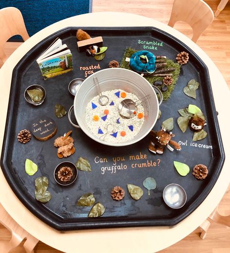 The Gruffalo Tuff Tray Ideas, Story Telling Week Activities Eyfs, Story Trays Eyfs, Story Activities Eyfs, Gruffalo Activities Eyfs Literacy, Story Telling Week Eyfs, Gruffalo Sensory Activities, Book Inspired Tuff Trays, The Gruffalo Eyfs