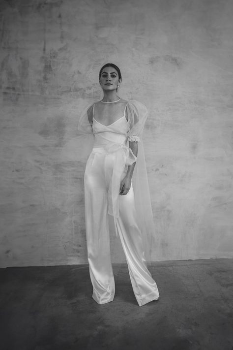 modern bridal jumpsuit look with organza layering top Jumpsuit Modern, Organza Bridal, Contemporary Wedding Dress, Satin Pant, Satin Bridal Gowns, Bridal Skirts, Modern Wedding Dresses, Bridal Studio, Organza Top