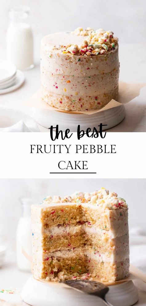 Milk And Cereal Cake, Fruity Pebbles Birthday Cake, Cereal Birthday Cake, Fruity Pebbles Frosting, Fruity Pebbles Cake Recipes, Fruity Pebble Pound Cake, Specialty Cake Flavors, Fruity Cake Flavors, Creative Cake Recipes