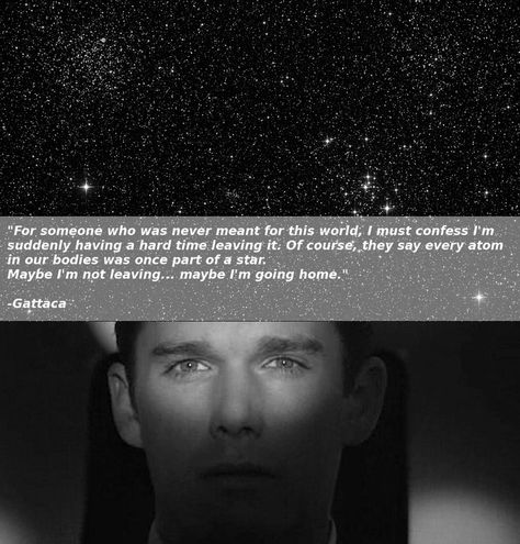 "For someone who was never meant for this world, I must confess I'm suddenly having a hard time leaving it. Of course, they say every atom in our bodies was once part of a star. Maybe I'm not leaving... maybe I'm going home." -Gattaca Quotes Stars, Quote Movie, Quotes Film, Dystopian World, Ethan Hawke, Film Quotes, Let Your Hair Down, Movie Lines, The Secret History