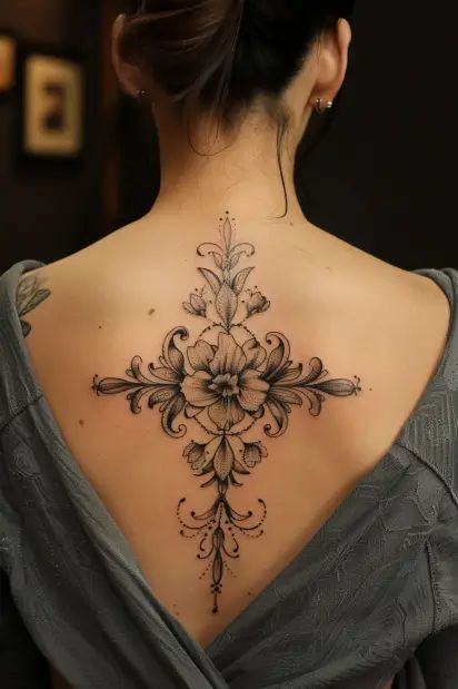 Cross Tattoos For Women Neck, Elegant Cross Tattoo, Cross Tattoos For Women On Back, Vine Cross Tattoo, Female Cross Tattoos, Horse Shoe Tattoos, Cover Up Back Tattoos Female, Cross Back Tattoo, Gothic Cross Tattoo