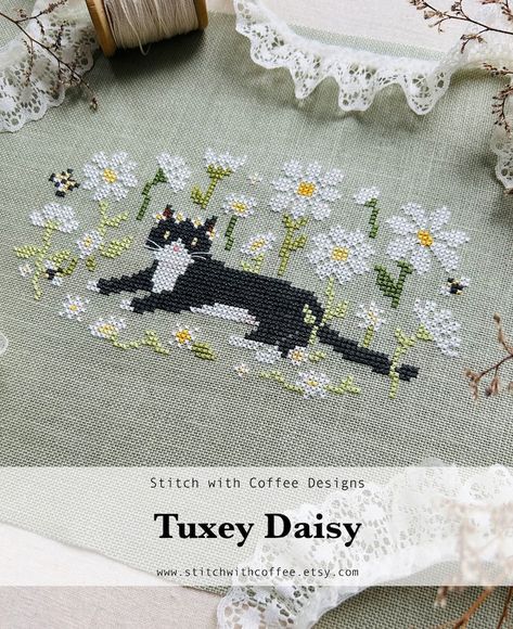 Tuxey Daisy Cross Stitch Pattern Cat Tuxedo Cat Daisies PDF - Etsy Daisy Cross Stitch Pattern, Daisy Cross Stitch, Cat Tuxedo, Estilo Shabby Chic, Pattern Cat, Cat Cross Stitch Pattern, Cross Stitch Bookmarks, Cat Cross Stitch, Cute Cross Stitch