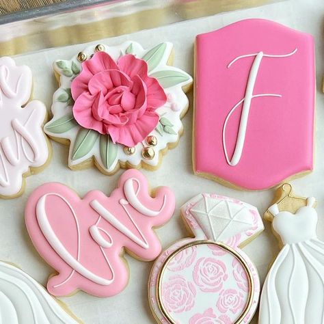 Utah Custom Royal Icing Cookies on Instagram: "Pink pink pink & more pink + roses for this bridal shower 💖💍 . . . #cookies #royalicing #royalicingcookies #victoriascookiecompany #customsugarcookies #sugarcookies #utahcustomcookies #utahbaker #utahroyalicingcookies #decoratedcookies #cookieart #satisfying #mouthwatering #baking #cookiedecorating #utahcookies #cookieartist #birthdaycookies #eventcookies #cookiesofinstagram #utahcountycookies #bridalshowercookies #bachelorettecookies #pinkcookies Hot Pink Bridal Shower Cookies, Pink Bridal Shower Cookies, Rose Sugar Cookies, Wedding Shower Cookies, Bridal Cookies, Pink Cookies, Cookie Craft, Pink Showers, Cookie Decorating Party