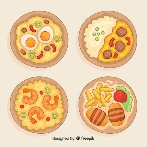 Free Vector | Food dish collection | Cute food drawings, Cute food art, Food cartoon Cartoon Food Drawings, Drawing Ideas Food, Food Drawing Ideas, Food Art Aesthetic, Foods Drawing, Food Art Drawing, Draw Food, Dish Collection, Drawing Food