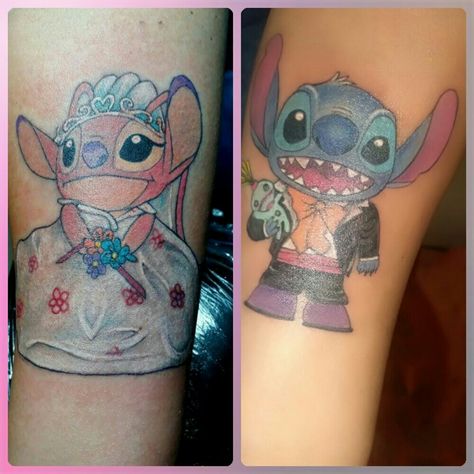 Stitch And Angel Tattoo Couple, Angel Couple, Stitch Couple, Angel Stitch, Wife Tattoo, Stitch Tattoo, Love Angel, Matching Couple Tattoos, Stitch And Angel