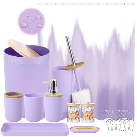 PRICES MAY VARY. Plastic 【BATHROOM ACCESSORY SET COMPLETE】: The perfect bathroom accessories set, including a 70.8"Lx70.8" W Shower Curtain with 12 hooks,1*Lotion Soap Dispenser, Toothbrush Holder, Toothbrush Cup, Vanity Tray, Soap Dish, Trash Can, Toilet Brush,2 *Qtip holder.Its lightweight nature and versatility make it the perfect choice for a wide range of bathroom decor. 【LIGHT PURPLE OMBRE MISTY FOREST SHOWER CURTAIN】：100% Durable Polyester Waterproof for Water Easily Glide Off. Keep Clean Light Purple Bathroom, Forest Shower Curtain, Lavender Bathroom, Purple Bathroom Decor, Purple Bathroom, Sweet Talker, Mysterious Beauty, Purple Bathrooms, Hooks Bathroom