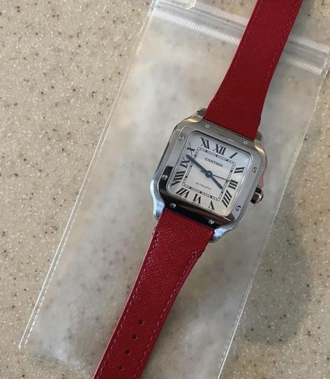 There's no way to describe the joy of receiving amazing feedback from a customer. It fuels my passion! 🌟💬 ⌚️Cherry Red saffiano leather with tone on tone stiches ⌚️ Cartier de Santos 📨Dm me for custom strap or click link on my bio @zenio.watchstrap Visit our website : https://zeniovn.com/ We sell watch straps, the watch just to demonstrate our strap and not for sale ! #cartier #cartierdesantos #cartierhandmadestrap #handmadeleatherstrap #Customizedstrap #aligatorstrap #curvedendstrap #... Cartier Tank Watch Copy, Cartier Santos Leather Strap, Cartier Vendome Watch, Cartier Santos Watch, Cartier Rectangular Automatic Watch, Tank Watch, Custom Strap, Monochrome Watches, Watch Strap