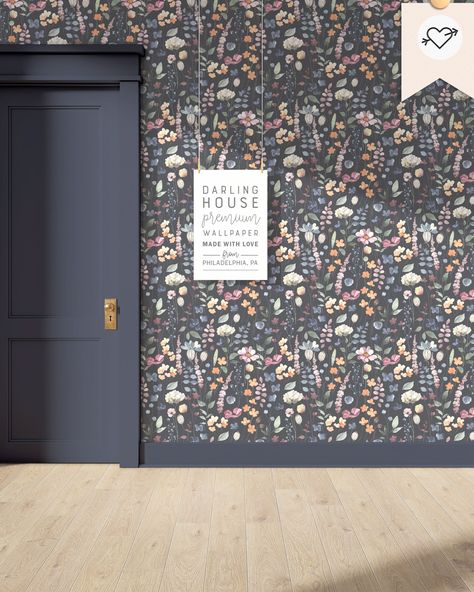 Colorful Dark Floral Wallpaper | Premium Removable Peel Stick | Bedroom Bathroom Wildflower Botanical Mural | Moody Maximalist Decor | FL046 Peel And Stick Wallpaper Moody, Dark Floral Peel And Stick Wallpaper, Black Bathroom Wallpaper, Moody Bedroom Wallpaper, Moody Half Bathroom, Moody Maximalist Decor, Dark Moody Wallpaper, Moody Floral Wallpaper, Moody Maximalist