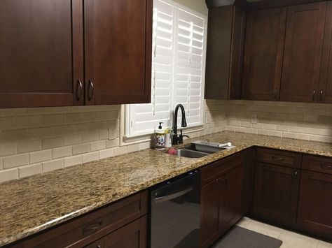 Need something behind the counter, maybe 4" piece, don't need full backsplash. Diy Concrete Counter, Brown Granite Countertops, Cupboard Ideas, Granite Backsplash, Brown Granite, Brown Cabinets, Kitchen Redesign, Cherry Cabinets, Granite Tops