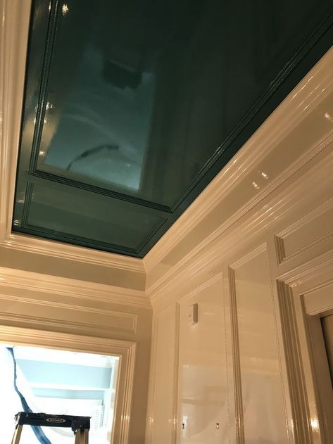 Shiny Ceiling Paint, Painted Cove Ceiling, Laquer Painted Walls, Lacquered Entryway, Glossy Wall Paint, High Gloss Walls, Sparkle Ceiling, Lacquer Ceiling, High Gloss Ceiling