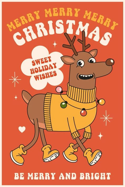 Merry Christmas and Happy New year. Reindeer in trendy retro cartoon style. Happy New Year Poster Graphics, Christmas Ad Design, Merry Christmas Illustration, Happy New Year Illustration, Retro New Year, Xmas Poster, Xmas Illustration, Reindeer Illustration, Retro Cartoon Style