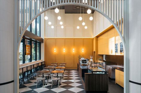 Yellow Restaurant Interior, Yellow Restaurant, Cafe Bar Interior, Yellow Backdrop, Australian Interior, Architecture Practice, Wooden Wall Panels, Yellow Interior, Bar Interior