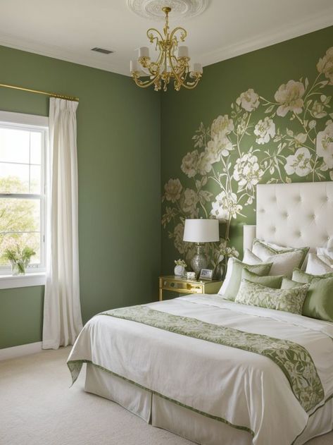 Floral Accent Wall, Green Room Ideas Bedroom, Elegant Bedroom Design, Dream House Bedroom, All White Bedroom, Cottage Style Interiors, Sitting Room Design, White Bed Frame, Sage Green Bedroom