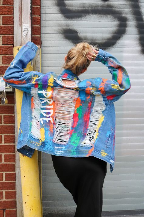 Pride Unisex Hand Painted Pride Denim Jacket - Etsy Lgbtq Clothes, Pride Jacket, Hand Painted Jacket, Designer Denim Jacket, Painted Jacket, Pride Colors, Self Expression, Distressed Jean Jacket, Painted Jeans