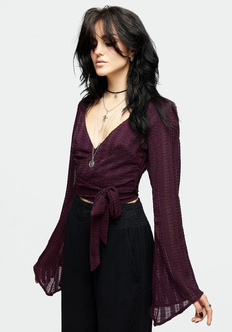 Goth Hippie, Tailored Jumpsuit, Plum Purple, Mode Inspo, Printed Denim, Co Ord, Wrap Top, Outfits Casuales, Bell Sleeve