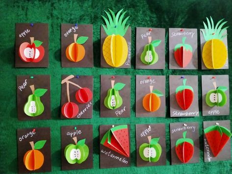 Fruits Project Preschool, Fruit Salad Craft Preschool, Fruit Art And Craft For Preschool, Fruit Projects For Preschool, Fruit And Vegetable Crafts For Preschool, Paper Fruits Craft, Fruits Art And Craft For Preschool, Fruit Crafts For Preschool, 3d Paper Fruit