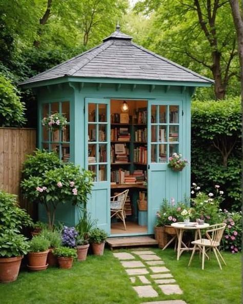 Guest Shed Ideas, Outdoor Book Library, Reading Shed, Outdoor Curtain Ideas, Pool Shed Ideas, Small She Shed, Shed Interior Design Ideas, Reading Place, She Shed Ideas