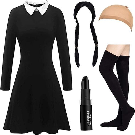 Cheap Black Dress For Playtime, Collar Black Dress, Wednesday Costume, Wednesday Addams Dress, Addams Dress, Long Sleeve Black Dress, Black Collared Dress, Plus Size Halloween Costume, Halloween Costumes For Women