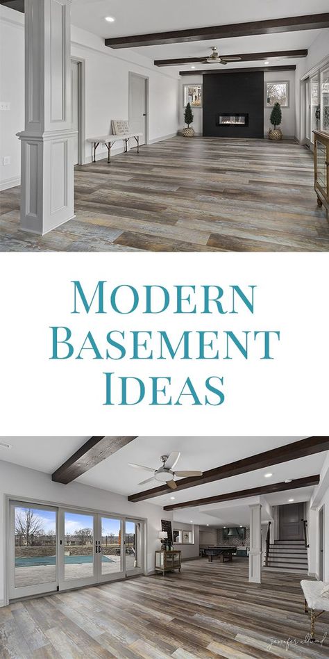 These modern basement ideas are so light and bright! With big windows that lead into the pool area, white walls, light trim, beams on the ceiling, and a black fireplace insert, it brings tons of texture and different tones. Get the details on the blog!  #fireplace #basement #basementremodel #basementdecor #basementideas #modernhome #homedecorating #homedecor #homedecoratingideas #modernfireplace Modern Basement Ideas, Bright Basement, Modern Basement, Black Fireplace, Basement Living Rooms, Diy Basement, Basement Windows, Light Trim, White Fireplace